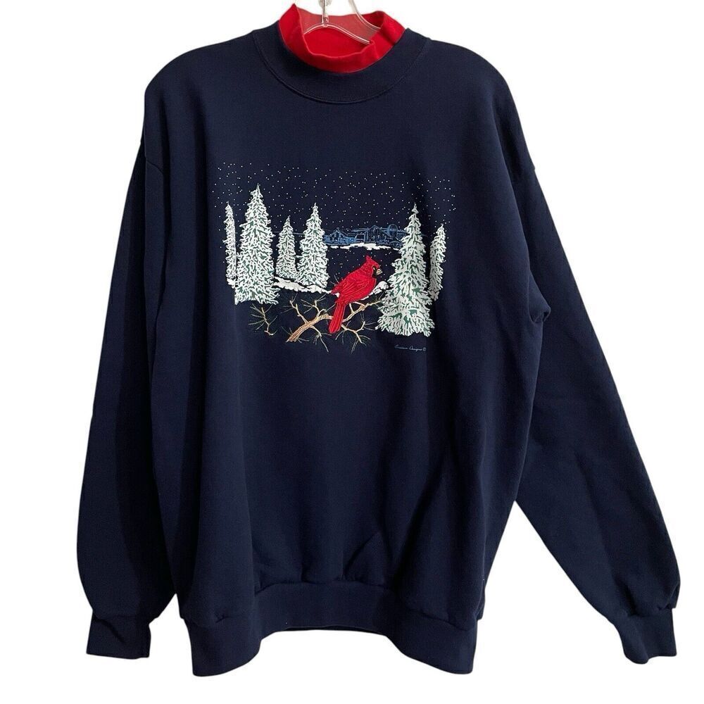 Vintage PLEASANT SHADE Pullover Sweater Sweatshirt L Blue Cardinal Embro…